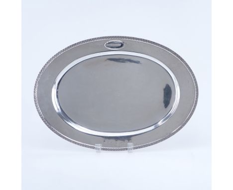 Brand-Chatillon Sterling Silver Oval Platter. Decorated with Vitruvian scroll rim, monogram in cartouche. Signed. Light scrat