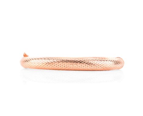 Italian 14 Karat Rose Gold Hinged Bangle Bracelet. Stamped Italy 14K. Very good condition. Measures 5/16" W, 2-3/8" interior 