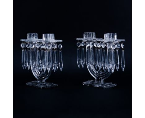 Pair of Heisey New Era Two Light Glass Candlesticks with Hanging Prisms. Missing two prisms otherwise good condition. Measure