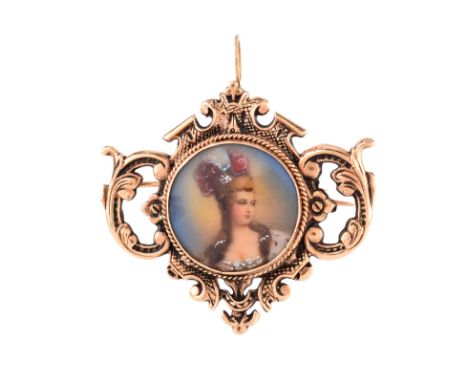 Vintage 14 Karat Yellow Gold Pendant / Brooch with Painted Portrait Miniature. Stamped 14K. Very good condition. Measures 1-1