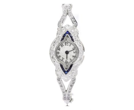 Art Deco Diamond, Sapphire and Platinum Bangle Bracelet Watch. Unsigned. Watch needs stem put back in. old repair to bracelet