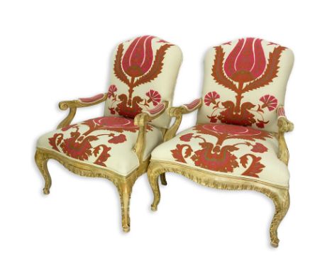 Pair of Vintage Carved Wood and Fine Custom Floral Upholstered Fauteuils. Upholstery is in good condition. Measures 41-1/2" H