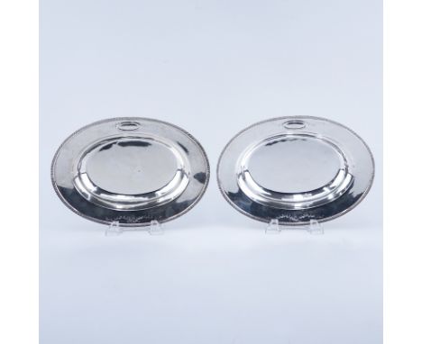 Pair Brand-Chatillon Sterling Silver Oval Serving Bowls. Decorated with Vitruvian scroll rim, monogram in cartouche. Each sig