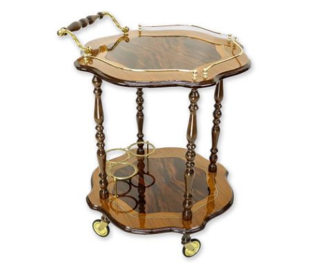 Vintage Italian Burl Lacquer Rolling Cart / Trolley by Sorrento. Two tiers with handle and brass hardware. Good condition. Me