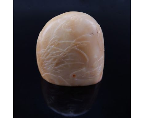 Antique Chinese Carved Light Caramel Jade Boulder Seal Stamp. Birds in nature relief scene with Signature on obverse side, se