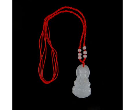 A Chinese Carved White Jade Buddha Pendant on Cord Necklace with Beads. Good condition. Measures 1-3/4" H. Shipping $28.00 (e
