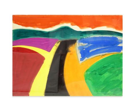 David Hayes, French/American (1931 - 2013) Watercolor on Paper, Abstract Landscape in Orange, Yellow, Green, Magenta, and Bla