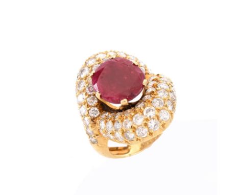 Vintage Approx. 4.0 Carat Pave Set Round Brilliant Cut Diamond, 4.50 Carat Oval Cut Ruby and 18 karat Yellow Gold Ring. Diamo