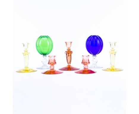 Grouping of Seven (7) Vintage Glass Tableware. Includes: five Heisey (Mercury and Empress pattern) candlesticks along with a 