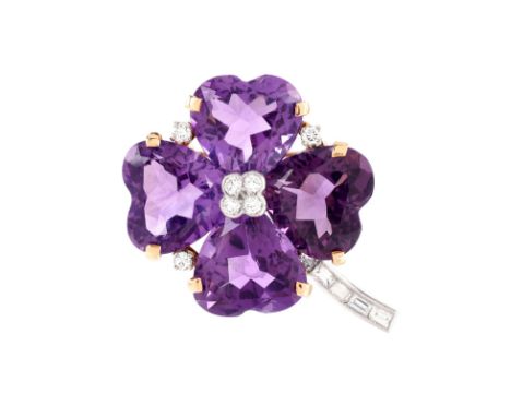 Vintage Round Brilliant and Baguette Cut Diamond, Large Heart Shape Amethyst and 14 Karat Yellow and White Gold Four Leaf Clo