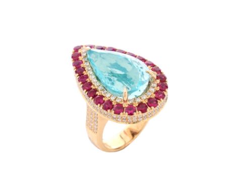 GIA Certified 11.70 Carat Pear Shape Paraiba Tourmaline, Diamond, Ruby and 18 Karat Yellow Gold Ring. Tourmaline measures 19.