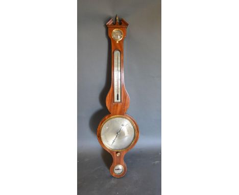 An Early 19th Century Mahogany Line Inlaid Wheel Barometer Thermometer with silvered dials inscribed J. Falciola, Nottingham,