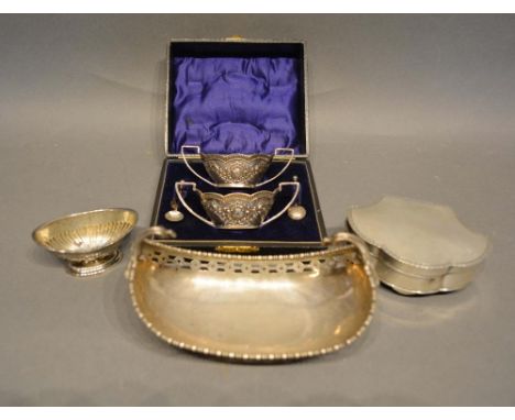 A Pair of Birmingham Silver Salts with Spoons within fitted lined case, together with a London silver bowl, a Birmingham silv