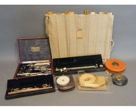 A Fowlers Long Scale Calculator, together with other related items to include drawing instruments within cases and various ru