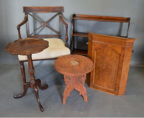 A 19th Century Mahogany Armchair, together with a shaped top wine table, a waterfall bookcase, a walnut hanging corner cabine