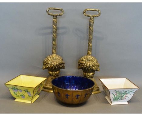 A Pair of Brass Door Stops, together with two cloisonne bowls and another bowl with blue glass liner 