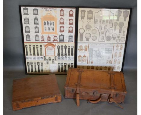 A Leather Suitcase, together with two prints, English bracket clocks, and an oak cutlery box 
