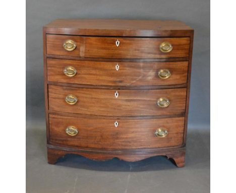 An Early 19th Century Mahogany Bow-Fronted Chest of Four Drawers with oval brass handles above a shaped frieze raised upon br