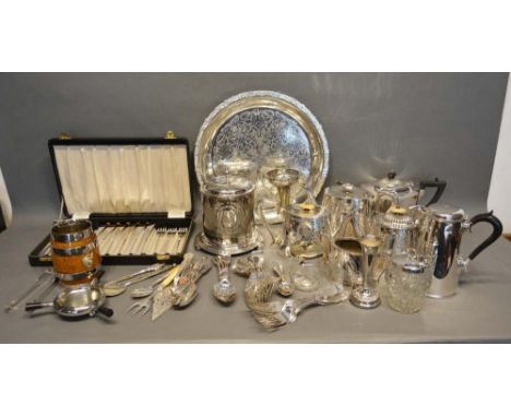 A Silver Plated Tea Service, together with a silver plated biscuit barrel and various other items of silver plate to include 
