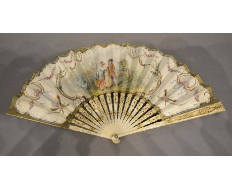 An 18th Century Carved Ivory Fan, the skin leaf depicting classical figures within a landscape highlighted with gilt, the car