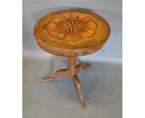 A 19th Century Italian Walnut and Inlaid Occasional Table, the circular moulded top above a turned centre column and tripod b