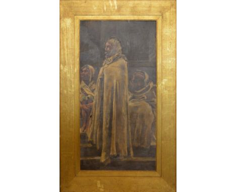 Harry Hamilton Johnston, 1858-1927, England, Portrait of Three Robed African Figures on Steps, oil on canvas, 72 x 38cm, unsi