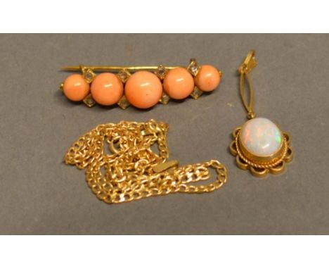 A Gold Coral and Diamond Set Brooch, together with a 9 carat gold opal set pendant with chain 