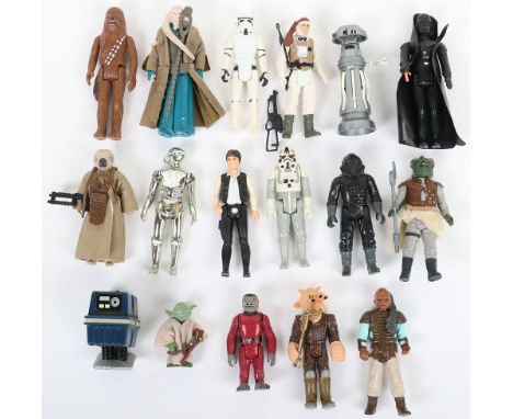 Seventeen Vintage Loose Star Wars Action Figures, including: Chewbacca with Bowcaster @ GMFGI 1977 Hong Kong, Darth Vader, te