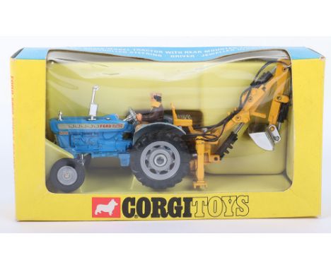 Corgi Toys 72 Ford 5000 Super Major Tractor, with trenching bucket, blue/grey/silver, with driver, grey plastic wheel hubs, w