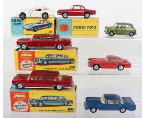 Vintage Corgi Toys, including: boxed 222 Renault Floride, 2 x 247 Mercedes 600 Pullmans,324 Marcos 1800 GT with Volvo engine,