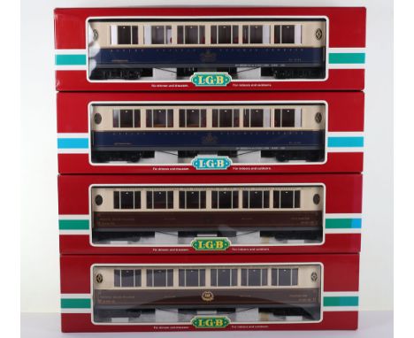 Four LGB boxed G scale Pullman bogie coaches, 2x34650 Alpine Classic Pullman Express coaches blue and cream livery, 2x32650 V