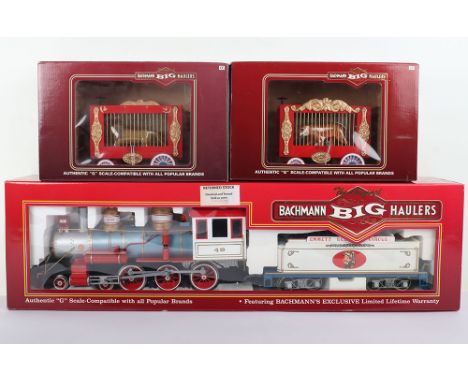 Bachmann boxed G scale 4-6-0 Emmett Kelly, Jr, Circus Steam Locomotive and rolling stock, in blue, white and red livery with 