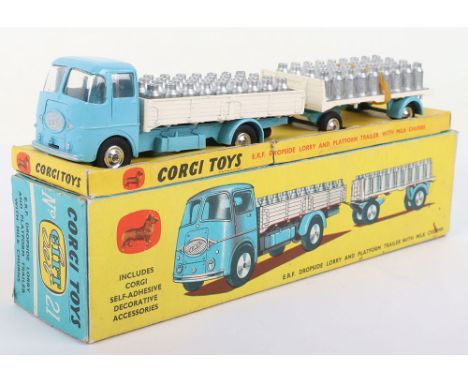 Corgi Toys Gift Set 21 E.R.F. Dropside Lorry and Platform trailer with Milk Churns, light blue/white, shaped spun wheel hubs,