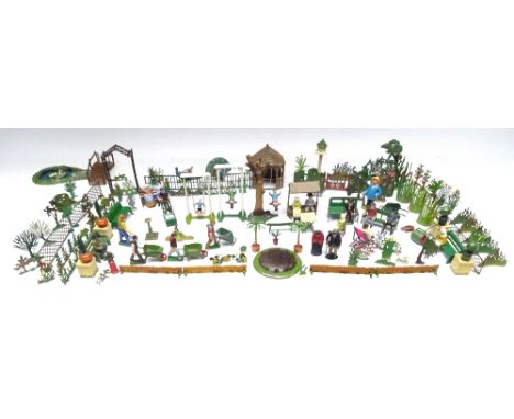 Park and Garden items by French and British makers, flowers, shrubs, low walls, dovecote, bridge, pond, frog, three swings, w