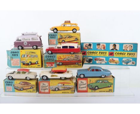 Six Boxed Vintage Corgi Toys, 234 Ford Consul Classic, 238 Jaguar Mark 10, metallic blue body, with luggage,420 Ford Thames A