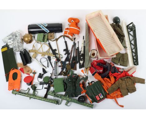 A Large Quantity of Palitoy vintage Action Man loose clothing, guns and accessories, Royal Engineers uniform box only, genera