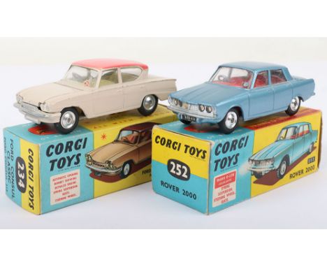 Two Boxed Corgi Toys,234 Ford Consul Classic, beige body, pink roof, lemon interior, shaped spun wheel hubs and 252 Rover 200