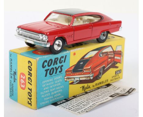 Corgi Toys 263 Marlin Rambler Sports Fastback, with factory error to wheels, red body, black roof, white interior, factory er