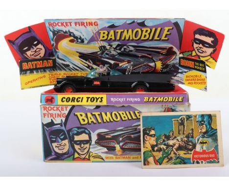 Boxed Corgi Toys 1st issue 267 Rocket Firing Batmobile with Batman and Robin, gloss black, red bat hubs, blue tinted windscre