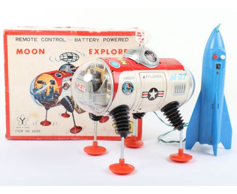 Yonezawa Japanese Fairylight  tinplate battery operated NASA Moon Explorer, lithographed M-27 Explorer with clear plastic win