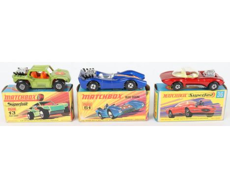 Three Matchbox Superfast Models, 13e Baja Buggy, metallic light green, orange interior, black exhausts, flower label, wide su