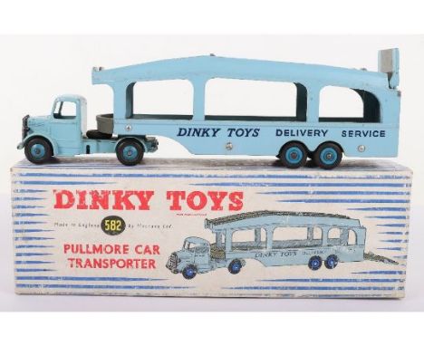 Dinky Toys 582 Bedford Pullmore Car Transporter six rivets, light blue cab/body, with dark grey decks, dark blue hubs, in goo