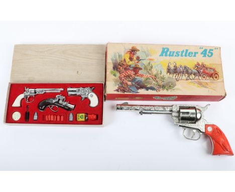 Crescent Toys Rustler 45 Silver Flash Cowboy Gun, complete, in good original  used condition, illustrated card box is fair to