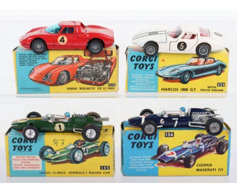 Corgi Toys boxed Racing and Formula 1 cars, 324 Marcos 1800 G.T with Volvo engine, white with yellow strips and RN5, very goo