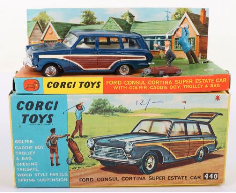 Corgi Toys 440 Ford Cortina Super Estate Car, with golfer, caddie boy, trolley and bag, metallic dark blue body, wood style p