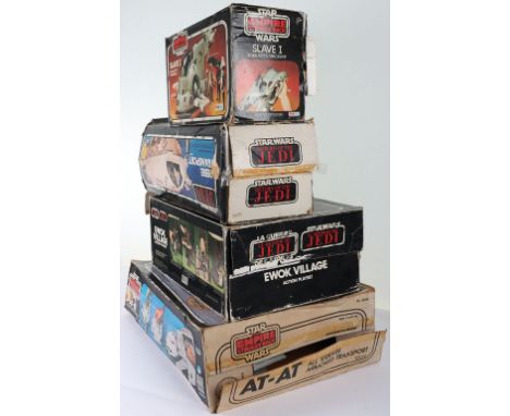 Four Vintage Star Wars Vehicles/Play sets, ROTJ Ewok Village Action Playset,not complete, Palitoy Slave I, missing parts, Ken