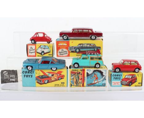 Five boxed Corgi Toys cars, 233 Heinkel Trojan, red, lemon interior, 225 Austin Se7en, red, yellow interior, 247 Mercedes Ben