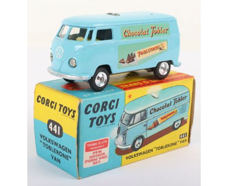 Corgi Toys 441 Volkswagen ‘Toblerone’ van, blue with lemon interior, Chocolat Tobler transfers to sides, spun hubs and Trans-