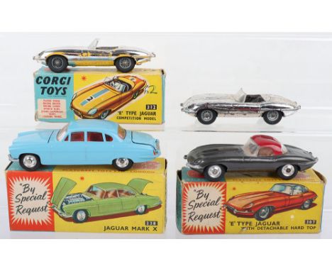 Four Corgi Toys Jaguar Models, boxed 238 Jaguar Mark X, light blue body, red interior, shaped spun wheel hubs, in near mint o