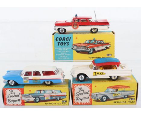 Three boxed Corgi Toys American cars, 482 Chevrolet Fire Chiefs car, red/white, yellow interior, roundels, aerial and roof li